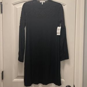 NEW 3 Dots Women's Black Lace Long‎ Sleeve Crewneck Pullover Midi Dress Size S